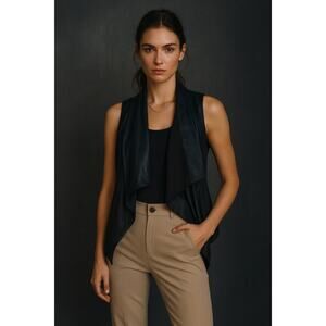 Theory Leather Pima Cotton Draped Open Sweater Vest Black Moto Small Petite